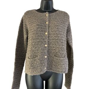 Stitches + Stripes Grey Eyelet Knit Cardigan - Gold Button Front - Size Small